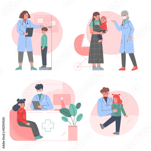 Pediatrician Examining Little Patients Set, Moms and Children Visiting Doctor, Health and Medical Treatment for Children Cartoon Vector Illustration