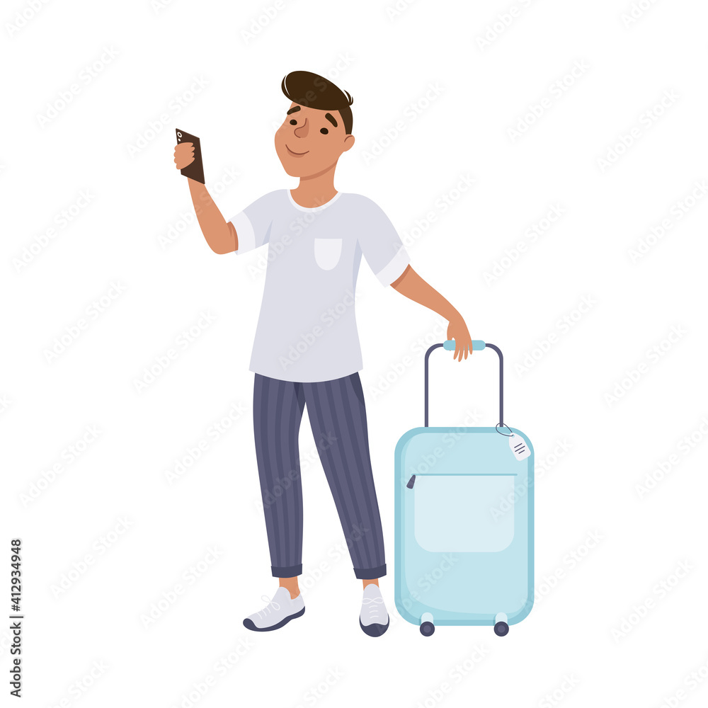 Man Tourist Standing with Suitcase and Smartphone, Guy Going on Summer Vacation Cartoon Vector Illustration Man Tourist Standing with Suitcase and Smartphone, Guy Going on Summer Vacation Cartoon Vector Illustration
