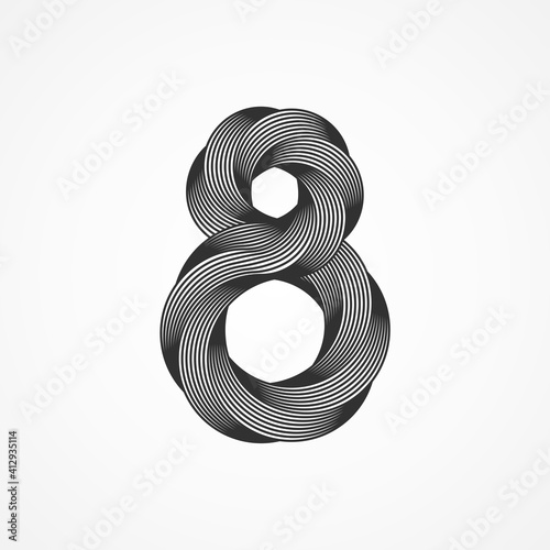 Minimalistic black eight shape, trendy retro 3d graphic style. Vector illustration. 8 geometric logo emblem template design isolated on white background. Simple creative number icon. Infinite lines.