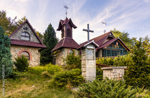 Fototapeta Naklejka Na Ścianę i Meble -  Chapel complex at top of Gron Jana Pawla II - John Paul II peak in Little Beskids mountains near Andrychow in Lesser Poland