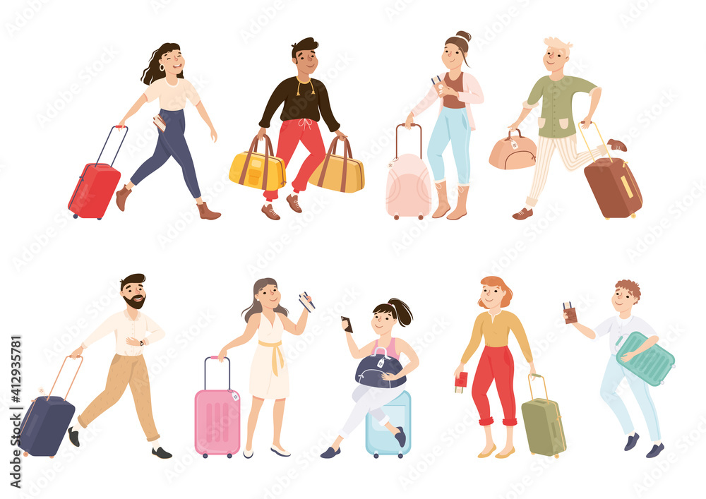 People Tourists Carrying Luggage Set, Men and Women Going on Vacation Trip or Journey Cartoon Vector Illustration