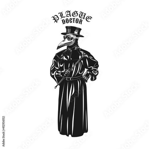 Plague doctor character tattoo design. Monochrome element with mask, top hat and coat vector illustration with text. Medieval or epidemic concept for symbols and labels templates