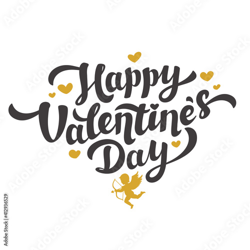 Love day greeting card. Golden happy Valentine s day quote with hearts and cu...