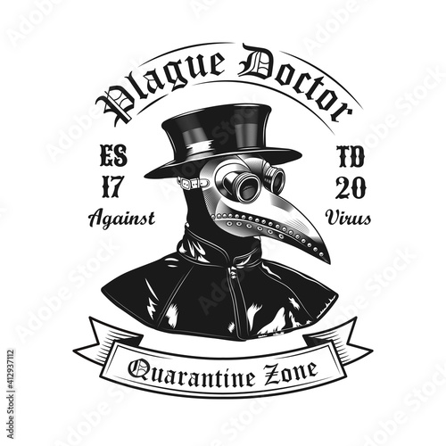 Plague doctor head emblem design. Monochrome element with mask and costume vector illustration with text. Medieval or epidemic concept for symbols and labels templates
