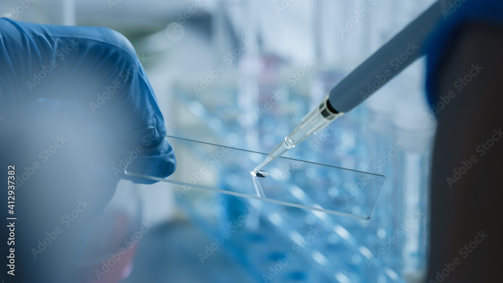 Close Up Macro Shot of a Scientist in Gloves Using Micro Pipette and Pouring a White Chemical Liquid on a Microscope Sample Plate. Microbiologist Working in Laboratory with Technological Equipment. Close Up Macro Shot of a Scientist in Gloves Using Micro Pipette and Pouring a White Chemical Liquid on a Microscope Sample Plate. Microbiologist Working in Laboratory with Technological Equipment.