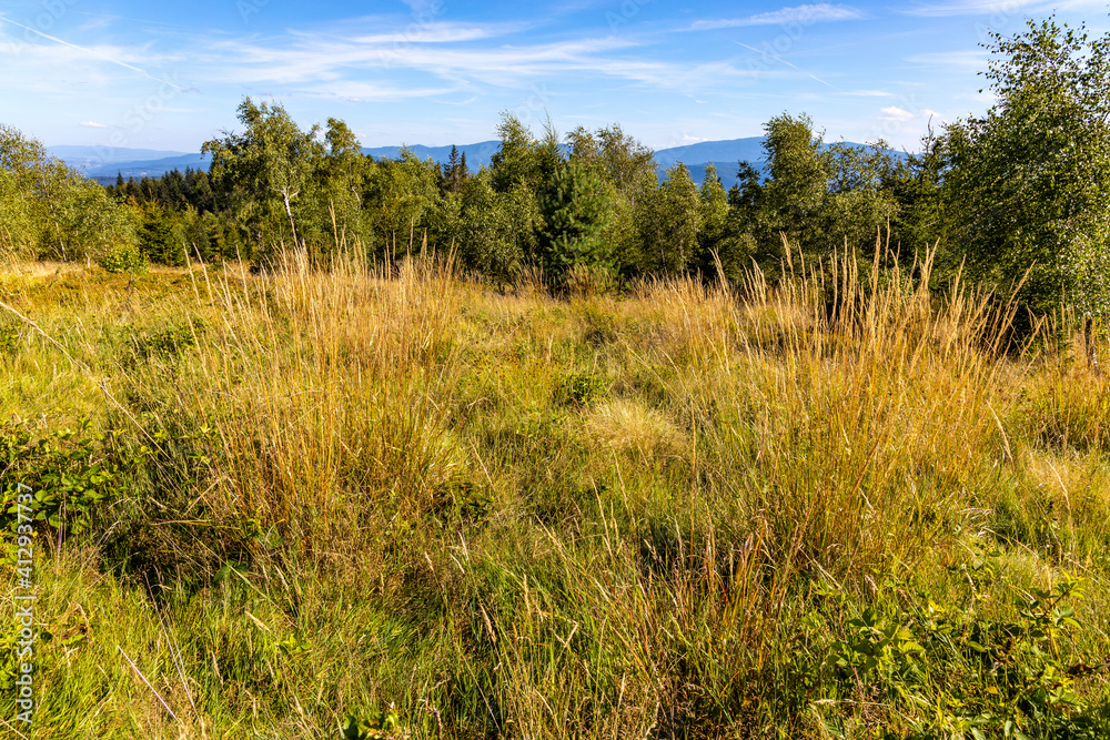 Panoramic view of grassy Leskowiec peak in Little Beskids with Babia Gora peak in southern Beskidy mountains near Andrychów in Lesser Poland Panoramic view of grassy Leskowiec peak in Little Beskids with Babia Gora peak in southern Beskidy mountains near Andrychów in Lesser Poland