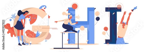 Capital sport letters. G for golf, H for hurdling and I for indiaca. Woman training, playing and having fun for healthy lifestyle
