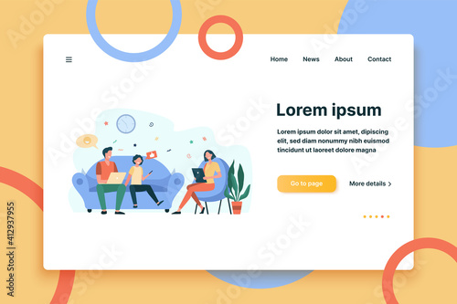 Parents couple and kid using gadgets. Social media addicted family with laptop, tablet and phone sitting together. Flat vector illustration for internet addiction, communication concept