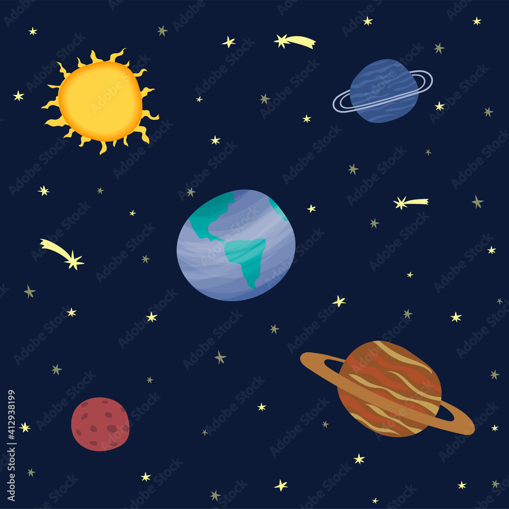 Colorful cartoon space set. Sun, planets and stars collection. Cosmic vector illustration in flat style.