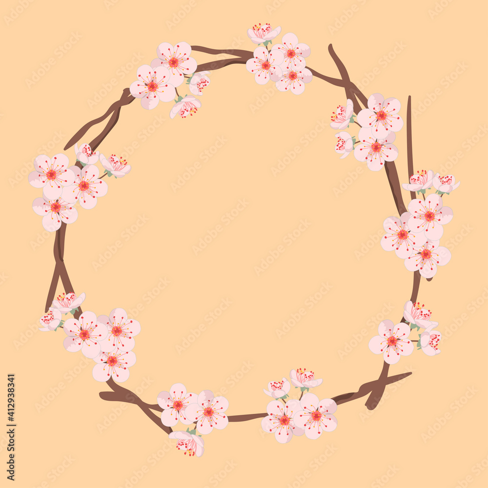 Cherry blossom branches frame. Flowers isolated on a pink background