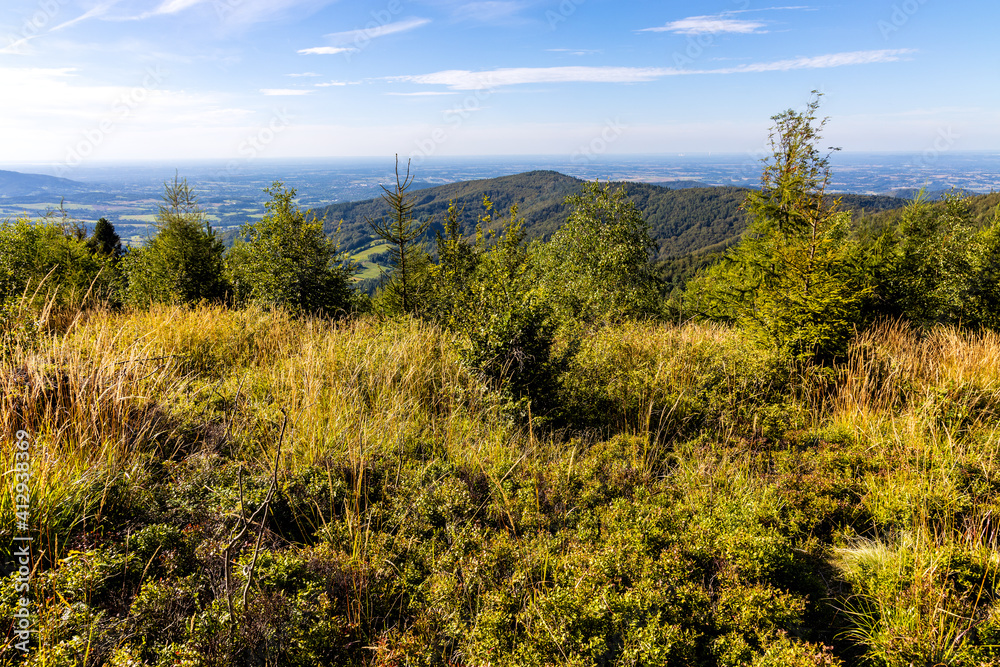 Panoramic view of northern Beskidy mountains with Gancarz peak seen from Leskowiec peak in Little Beskids mountains near Andrychow in Lesser Poland