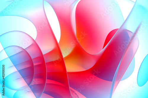 3d render of abstract art surreal 3d background based on organic curve round wavy smooth and soft bio lines forms in matte glass material painted in light gradient blue pink and purple color 