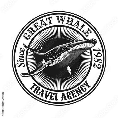 Black and white stylish emblem big whale. Creative design elements with swimming whale and text in round label. Nature or wildlife concept for travel agency stamp, label, sign template