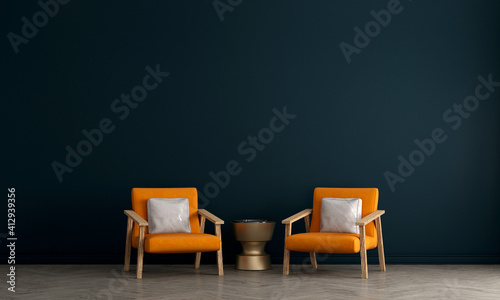 The Mock up furniture design in modern interior and wall background, minimal living room, Scandinavian style, 3D render, 3D illustration 