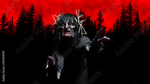 Fotografie, Obraz Witch Hag Black Annis of English folklore reaching forward with long fingers and