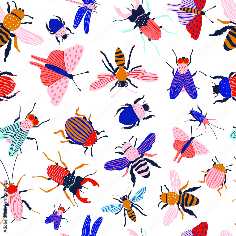 Funny insects. Seamless pattern with spring and summer insects. Hand drawing illustration. Bug species and exotic beetles icons collection.