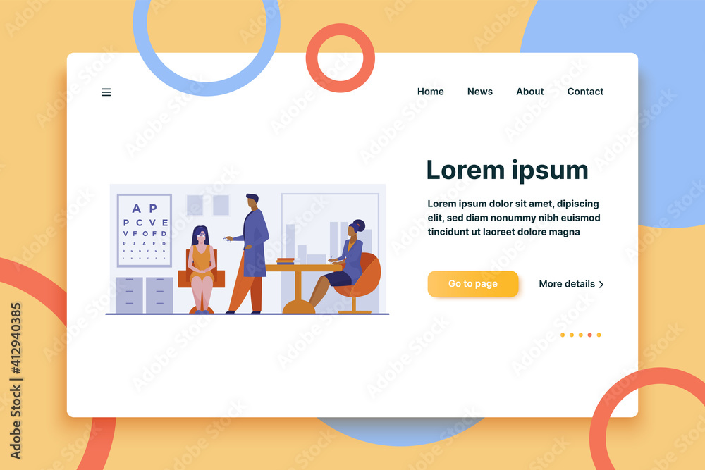 Ophthalmologist and nurse checking woman eyesight. Female patient sitting in oculist cabinet flat vector illustration. Vision test, ophthalmology concept for banner, website design or landing web page