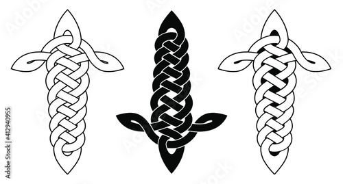 Celtic national ornament tattoo in the shape of a sword isolated on white background.