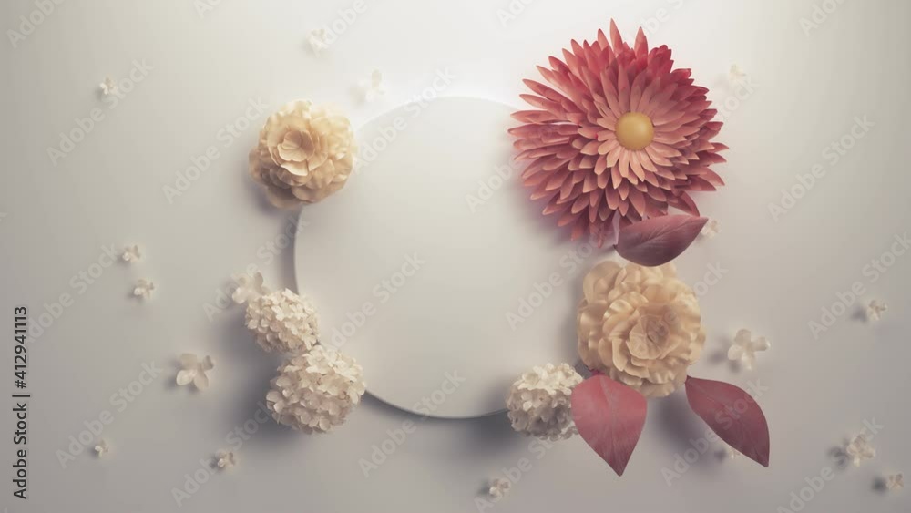 Beautiful bright composition of small podium surrounded with flowers. Romantic background template. 3D render.