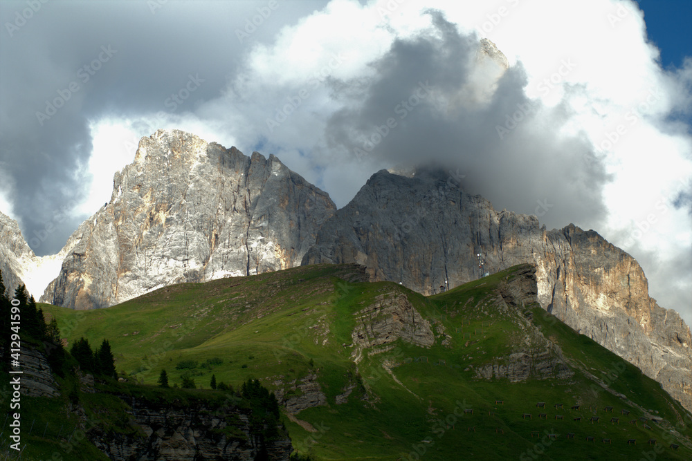 landscape with clouds and mountains,mountain, landscape, nature, sky,beautiful, grass, rocks, dolomites,travel, peak, green, view, panorama, scenic