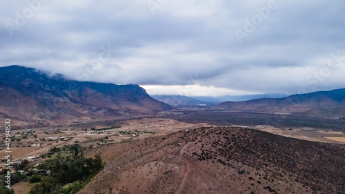 Landscape sector manzano la serena mountains sunset, coquimbo, chile (drone, super wide)