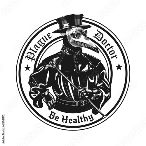 Plague doctor character stamp design. Monochrome element with mask, top hat in circle vector illustration with text. Medieval or epidemic concept for symbols and labels templates