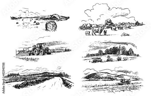 agricultural countryside landscape, set of hand-drawn illustrations