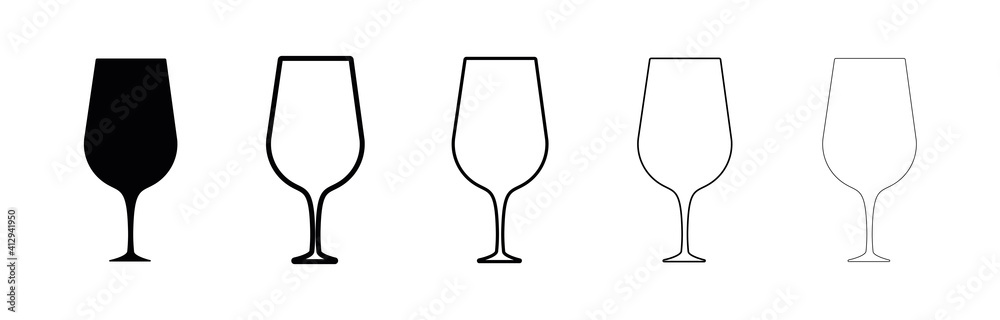 Wine glasses silhouette set. Different thickness glasses. Glass in black color isolated on white background. Silhouette drinking glass icon set. Modern line art design. Wine glasses silhouette set. Different thickness glasses. Glass in black color isolated on white background. Silhouette drinking glass icon set. Modern line art design.