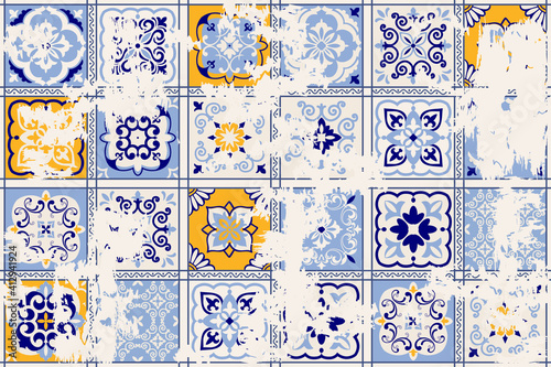 Seamless vintage pattern with an effect of attrition. Patchwork carpet. Hand drawn seamless abstract pattern from tiles. Azulejos tiles patchwork. Portuguese and Spain decor.