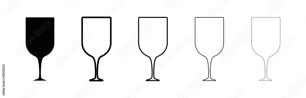 Wine glasses silhouette set. Different thickness glasses. Glass in black color isolated on white background. Silhouette drinking glass icon set. Modern line art design.