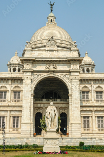 Kolkata, India - February 2021: The Victoria Memorial is a large marble building in Kolkata, dedicated to the memory of Queen Victoria on February 6, 2021 in Kolkata, West Bengal, India.