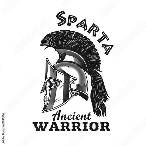Spartan tattoo design. Monochrome element with Rome fighter skull in helmet vector illustration with text. Fight or sport club concept for symbols and labels templates