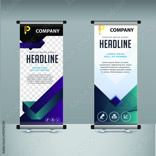 blue, white, black color use. abstract roll up banner template design photo