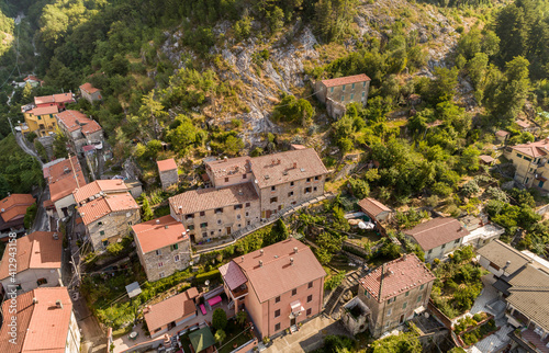 Aerial view of ancient village Colonnata situated in the Apuan Alps, province of Massa-Carrara, Tuscany, Italy