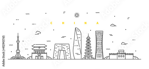 China landscape. Modern flat line landscape vector. Cityscape line art illustration with building, tower, skyscrapers, temple. Vector illustration.