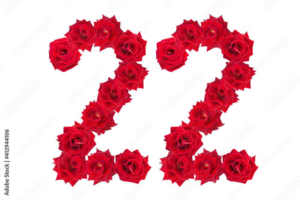 Numeral 22 made of red roses on a white isolated background. Element for decoration. Red roses. Numeral 22 made of red roses on a white isolated background. Element for decoration. Red roses.