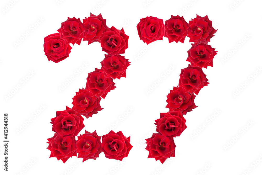 Numeral 27 made of red roses on a white isolated background. Element for decoration. Red roses.