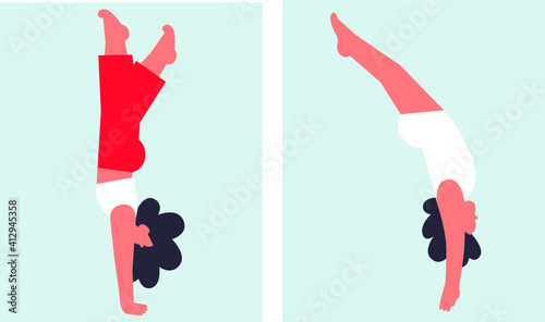 Sportswoman vector flat illustration. Swimmer, diver, headstand. Modern cartoon style peoples. Isolated figures. Healthy lifestyle concept.