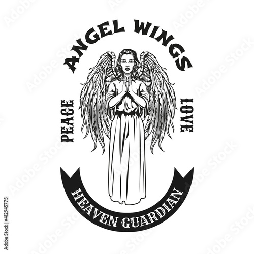 Black badge with pretty angel praying vector illustration. Vintage mythical female character with wings standing. Trust and religion concept can be used for retro template