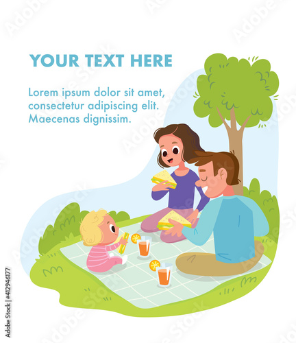 Happy family on picnic at sunny day. Vector portrait of family of 3 three members spending time relaxing on blanket parents mom dad and baby kid son daughter having meal sandwiches food weekend