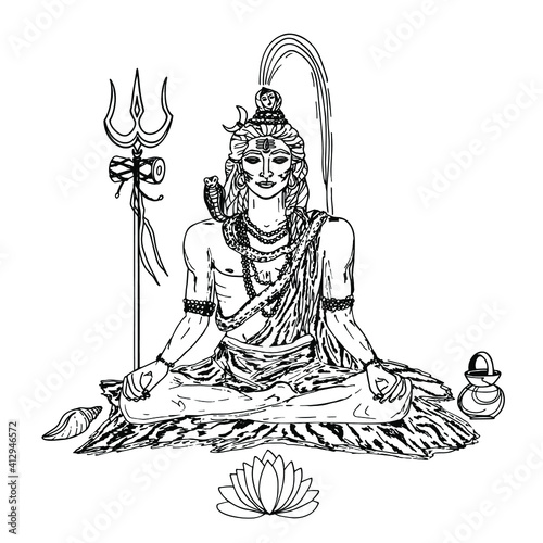 God Shiva. Shiva sits adorned with a rudraksha rosary, with a snake on his neck and a Ganges on his head. Trishula and damaru. Hand-drawn. Sketch, vector, on a white background. For design, prints.