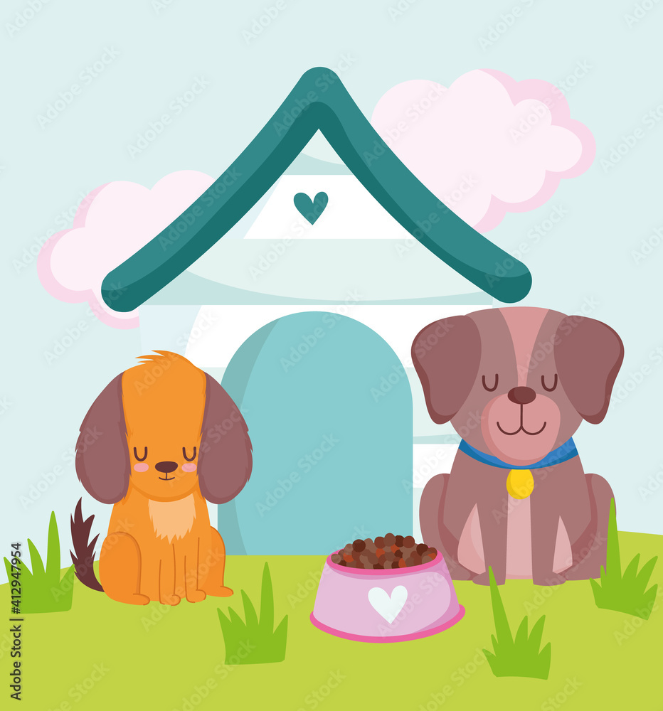 Fototapeta premium cute dogs sitting with house and food in the grass