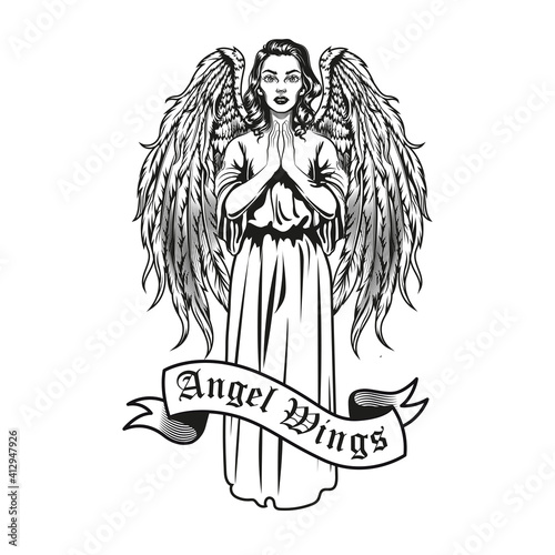 Creative badge with beautiful woman with wings vector illustration. Monochrome female angel character standing and praying. Trust and religion concept can be used for retro template