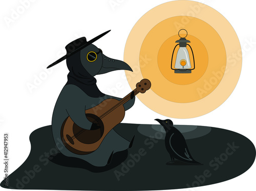 A medieval plague doctor in a black hat and a long textile coat. Vector illustration. The Middle Ages. A man in a suit with a long nose.Flashlight. Night. character in mask