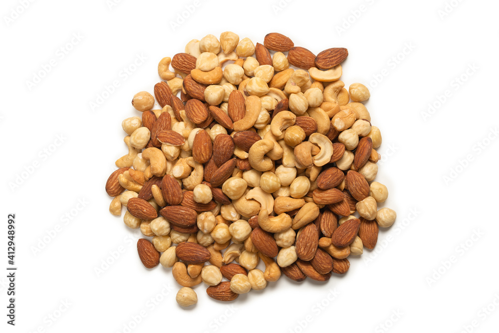 Mix of nuts isolated on white background. Top view. Mix of nuts isolated on white background. Top view.