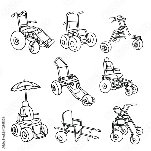 Set of illustrations of black and white wheelchairs for the beach.
