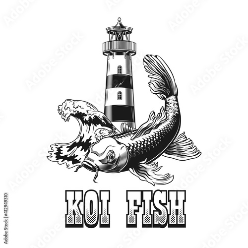 Koi carp emblem design. Monochrome element with fish, ocean wave, lighthouse vector illustration with text. Sea wildlife or sailing concept for symbols and labels templates