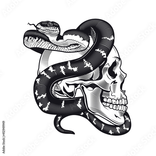 Skull with python tattoo design. Monochrome element with dead skeleton head and snake vector illustration. Wild animal gothic concept for symbols and labels templates