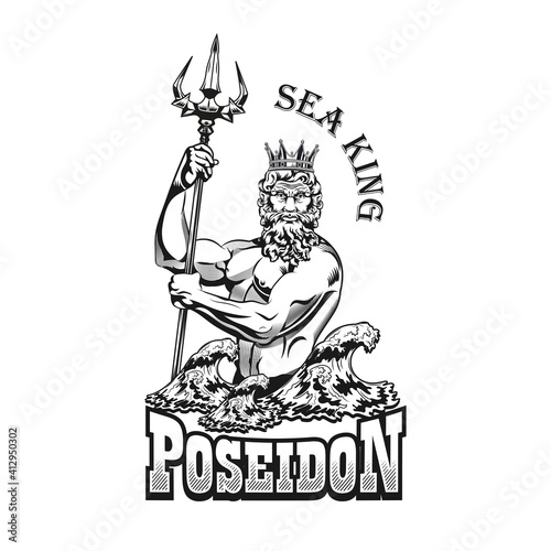 Poseidon tattoo template. Monochrome element with god of sea, waves, rude vector illustration with text. Sailing or Greek mythology concept for symbols and labels templates