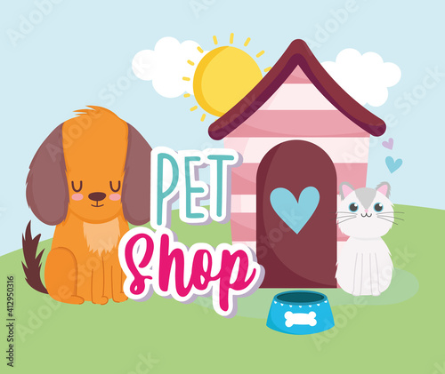 pet shop cat dog house bowl witih food in grass
